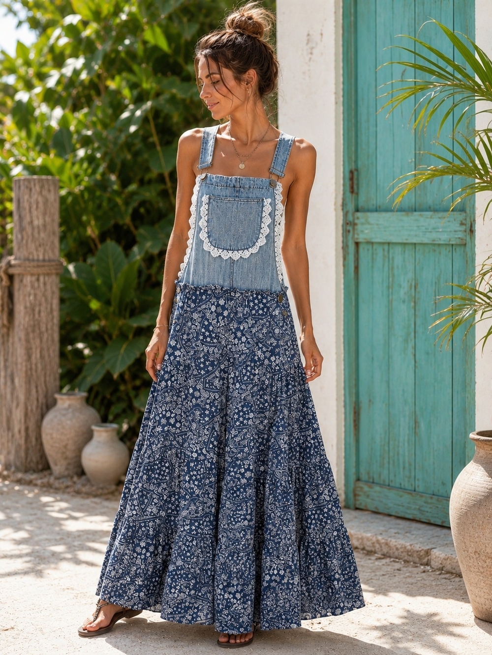 eesome Blue Denim Floral Maxi Jumpsuit Skirt with Lace Trim